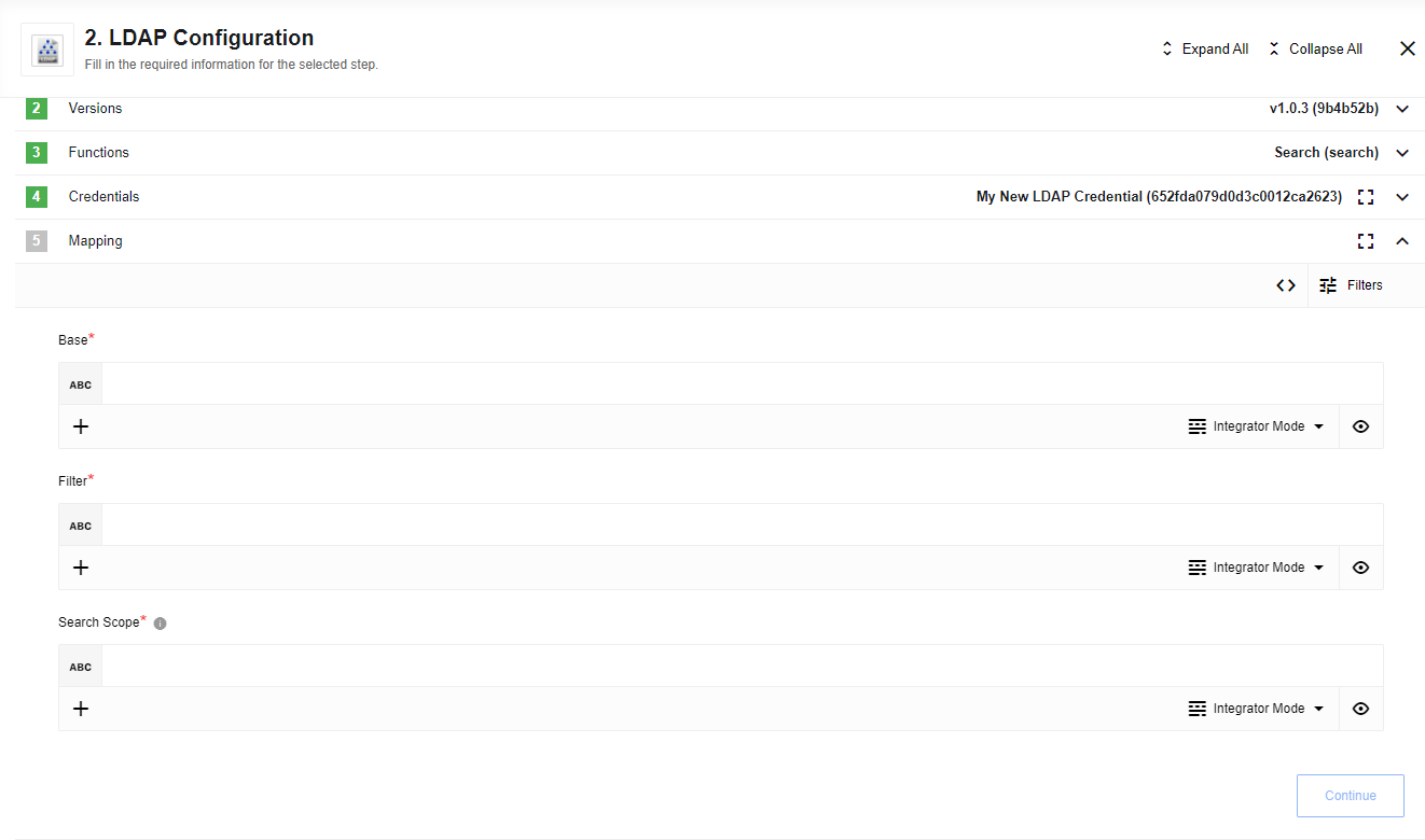 Search action configuration interface showing base
