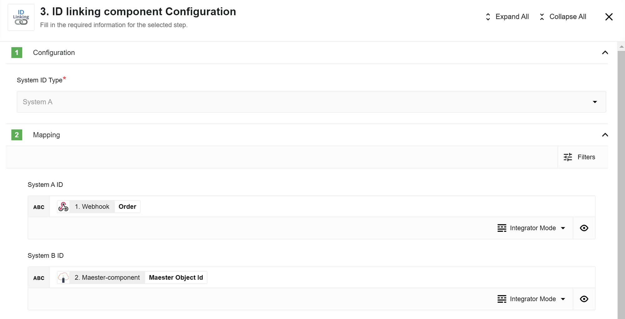 The ID Linking component configuration for the first flow