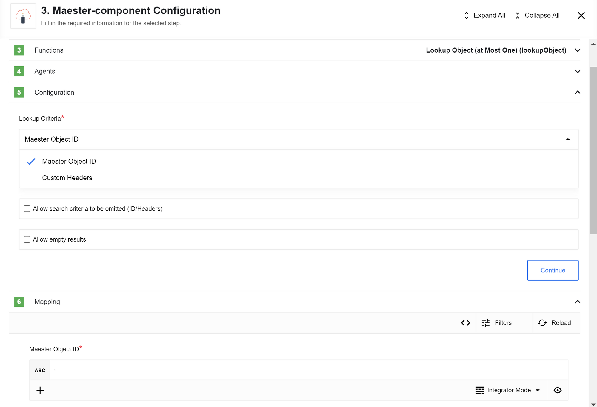 The configuration screen for the 'Lookup object (at most one)' action. It shows a 'Lookup Criteria' dropdown menu and two checkboxes: 'Allow search criteria to be omitted (ID/Headers)' and 'Allow empty results'.
