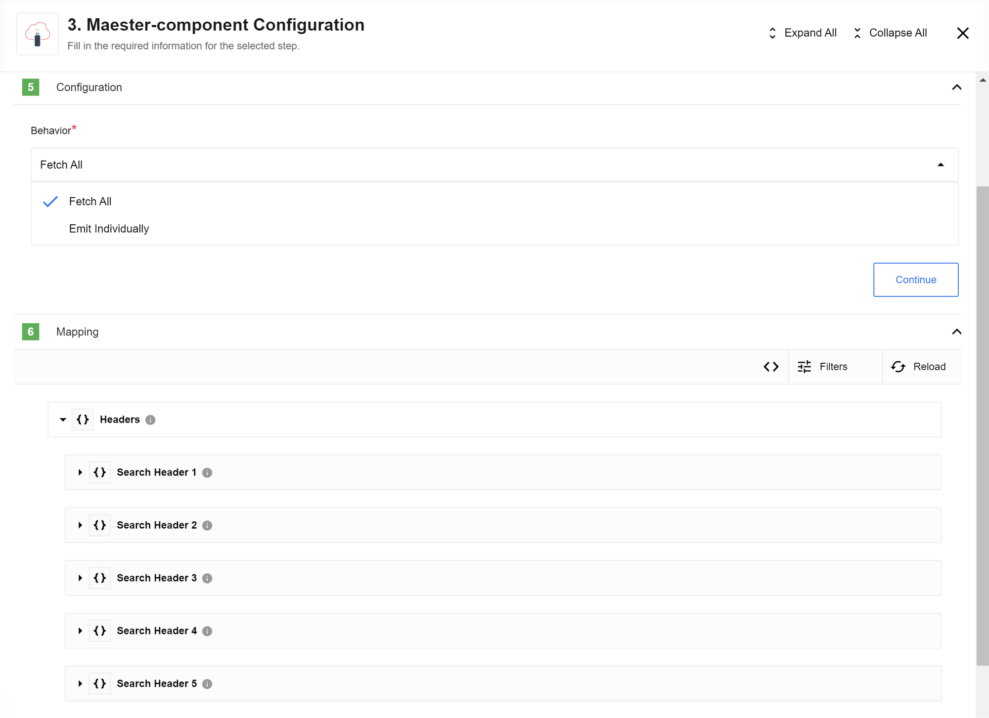 The configuration screen for the 'Lookup objects' action. It shows a 'Behavior' dropdown menu with 'Fetch All' selected as the option.