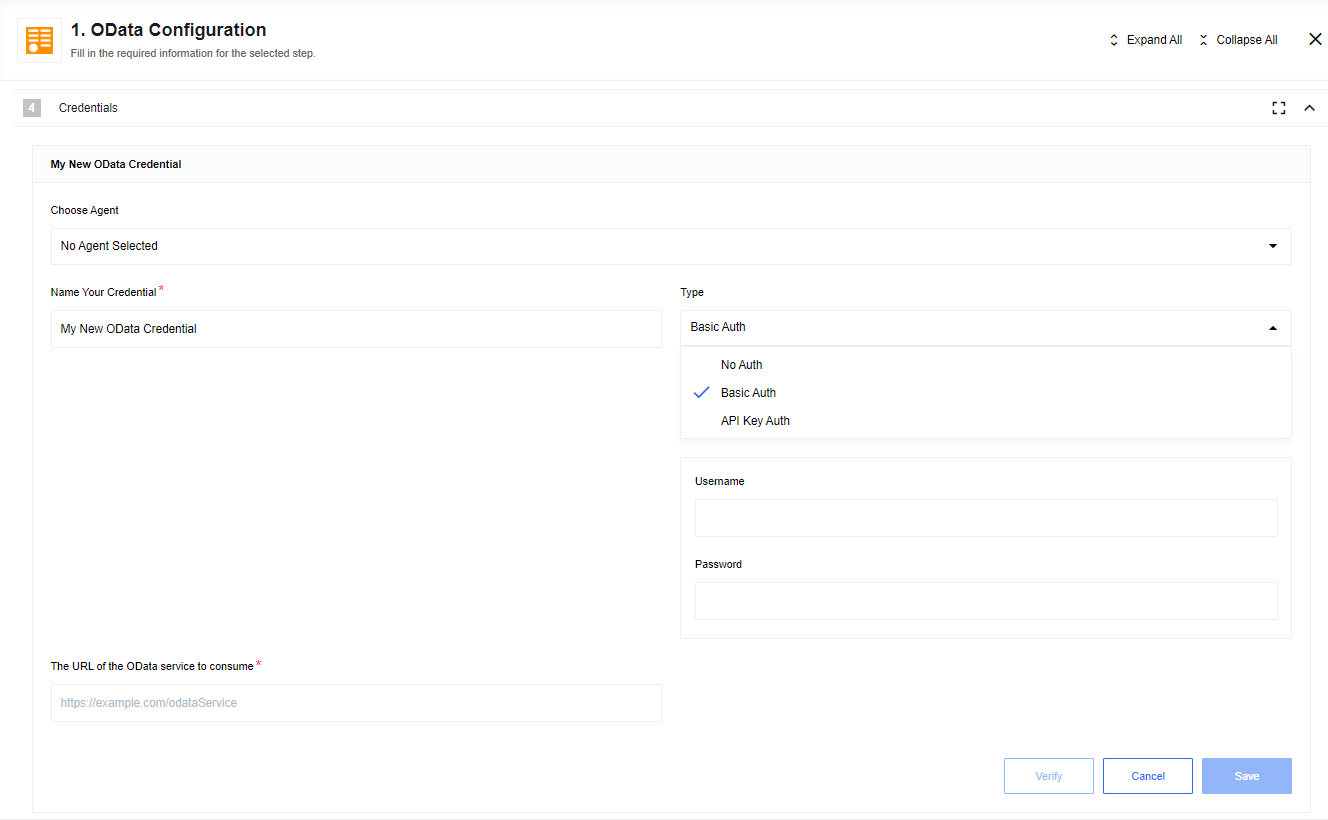 The OData credentials configuration screen showing the required authentication fields.
