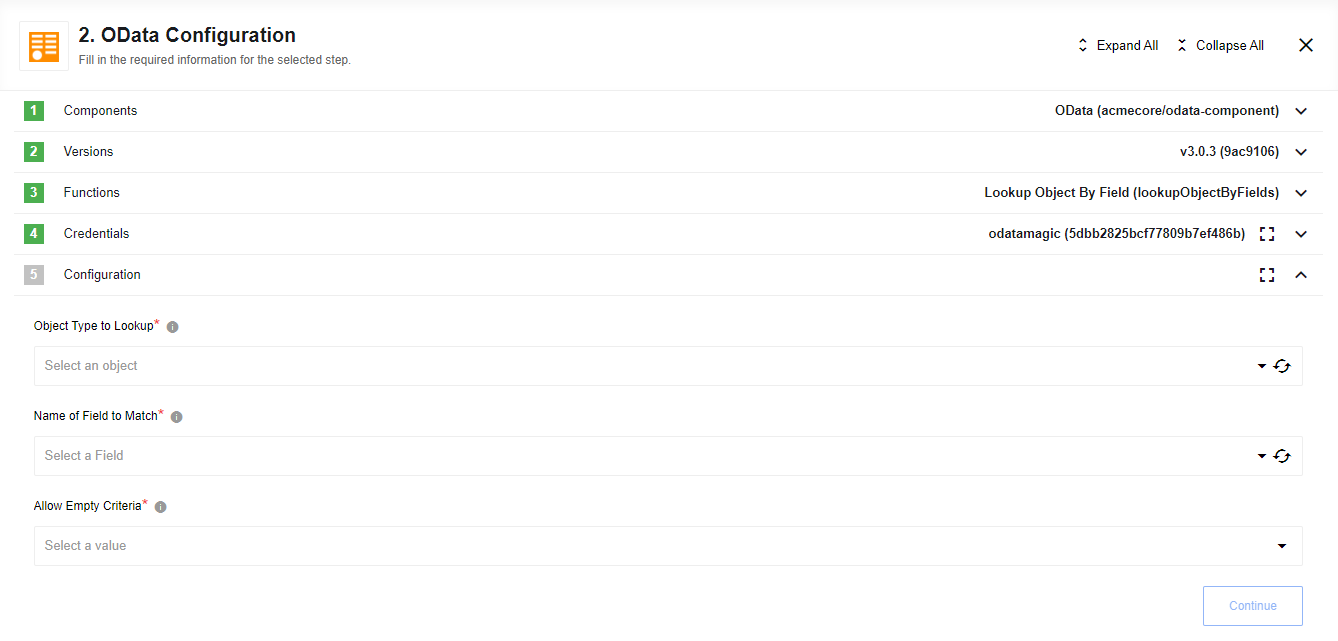The Lookup Object by Field action configuration screen showing object type and field selection.