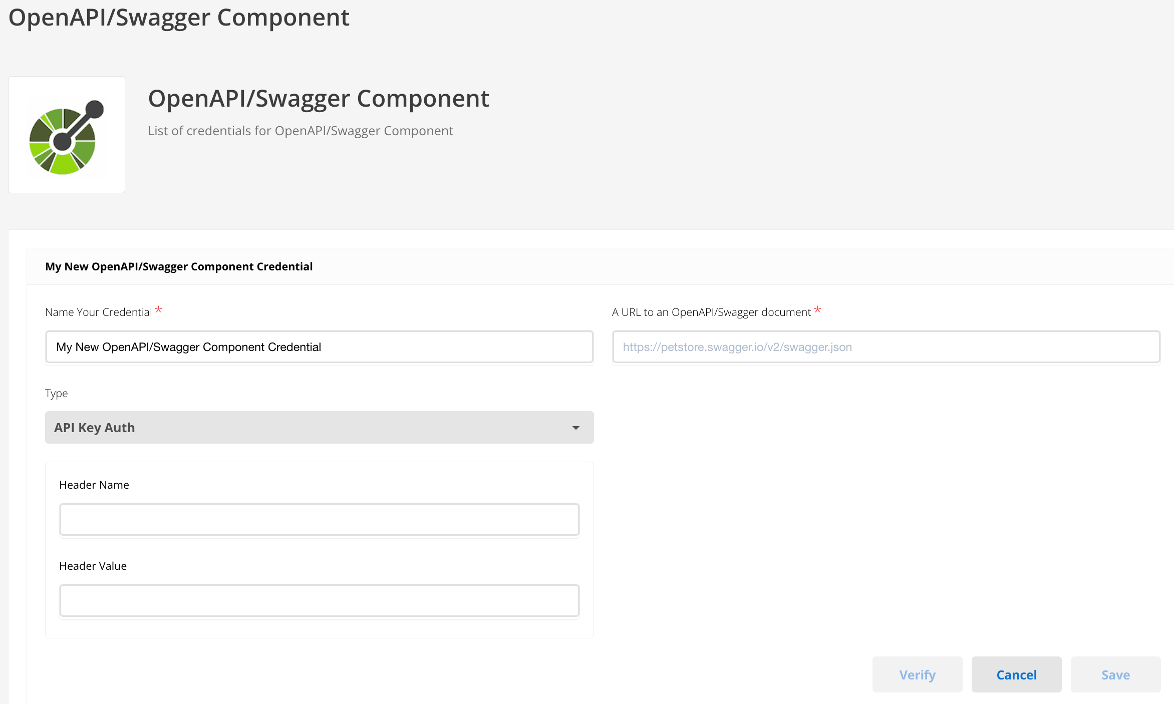 The API key authentication credentials form showing Header Name and Header Value fields.