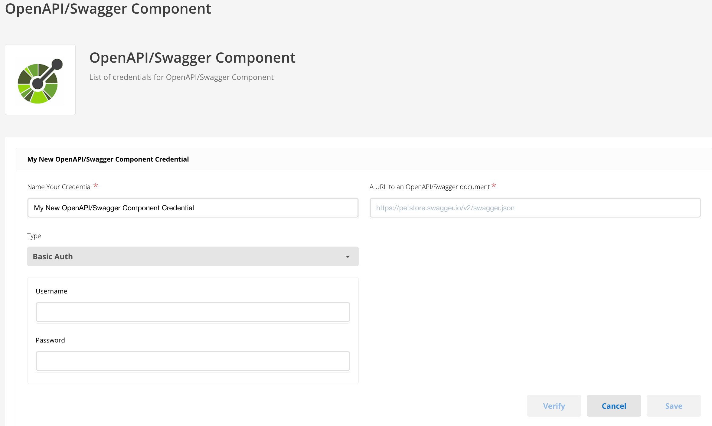 The Basic authentication credentials form showing Username and Password fields.