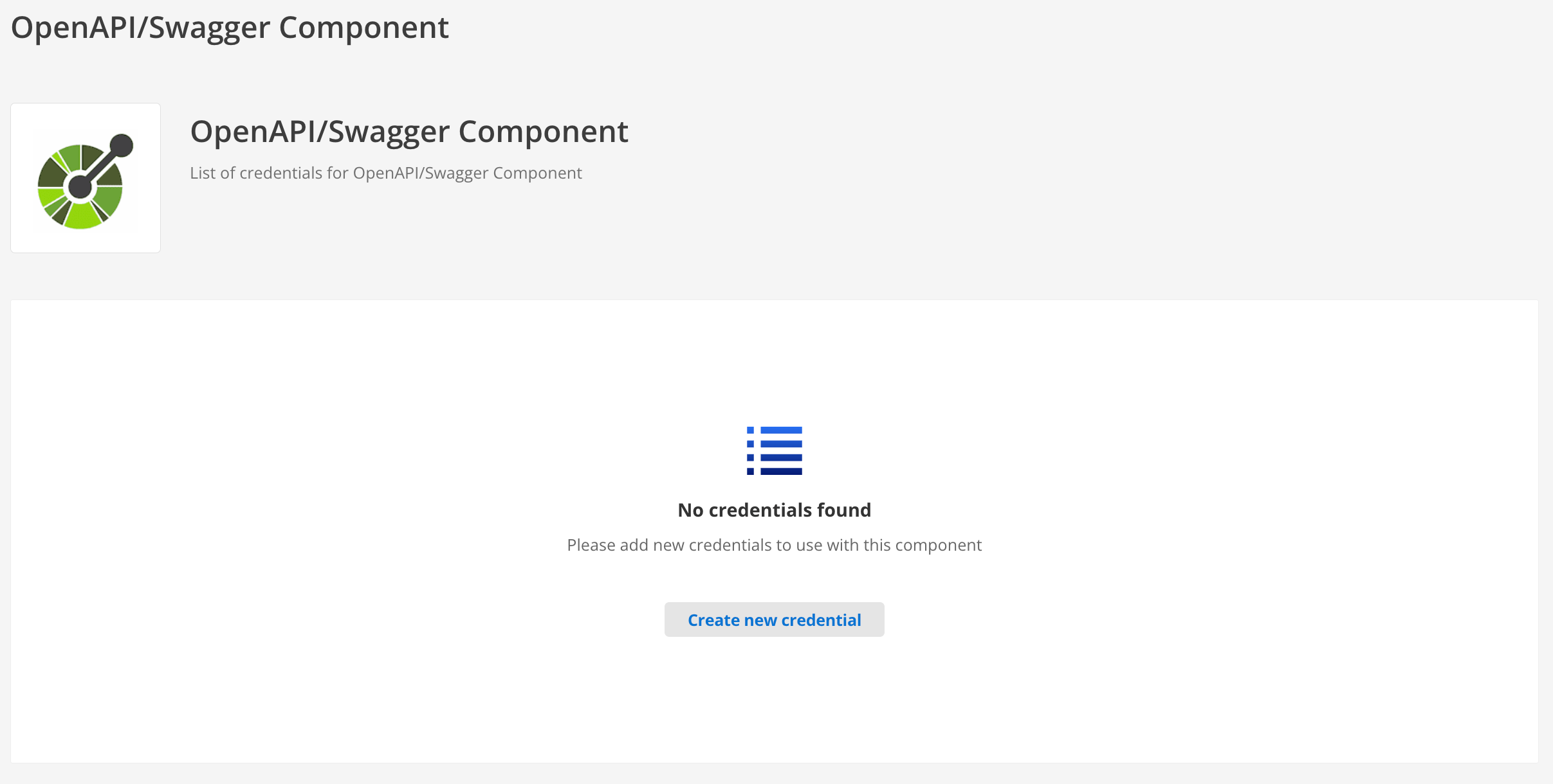 The OpenAPI credentials configuration screen showing authentication type and document URL fields.