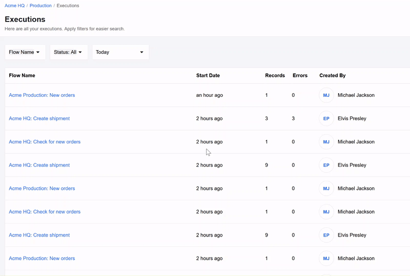 Executions page filters