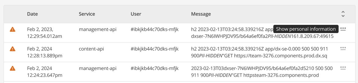 log message pii hidden