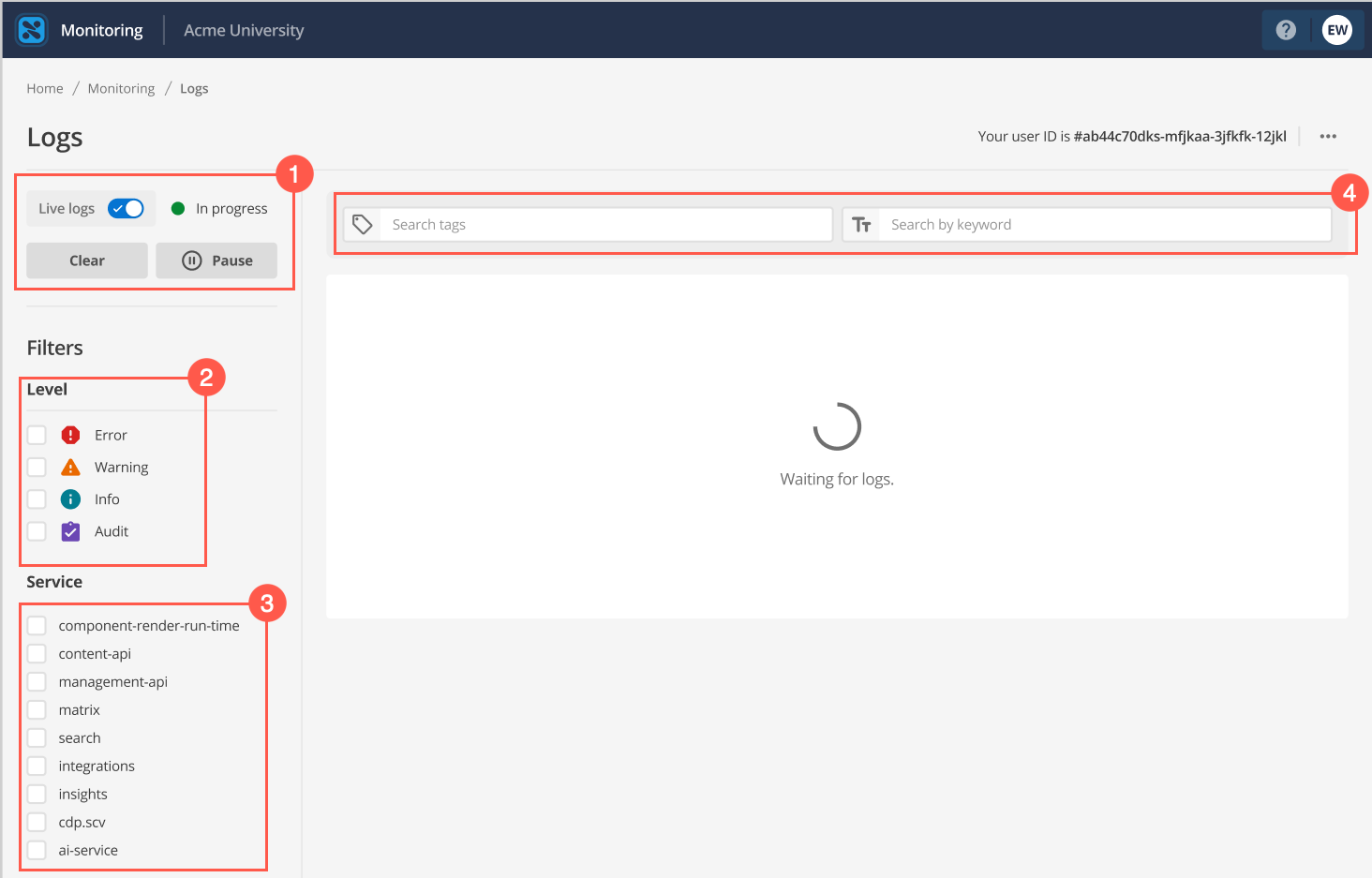 The Logs UI showing four callout groups that are described in the following ordered list.