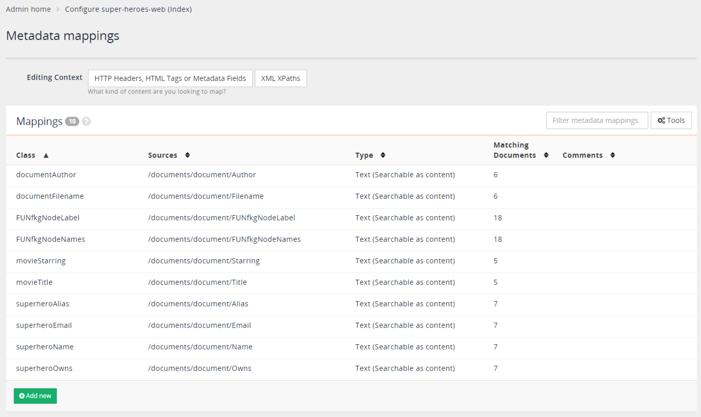 Example of metadata mappings for Funnelback knowledge graph