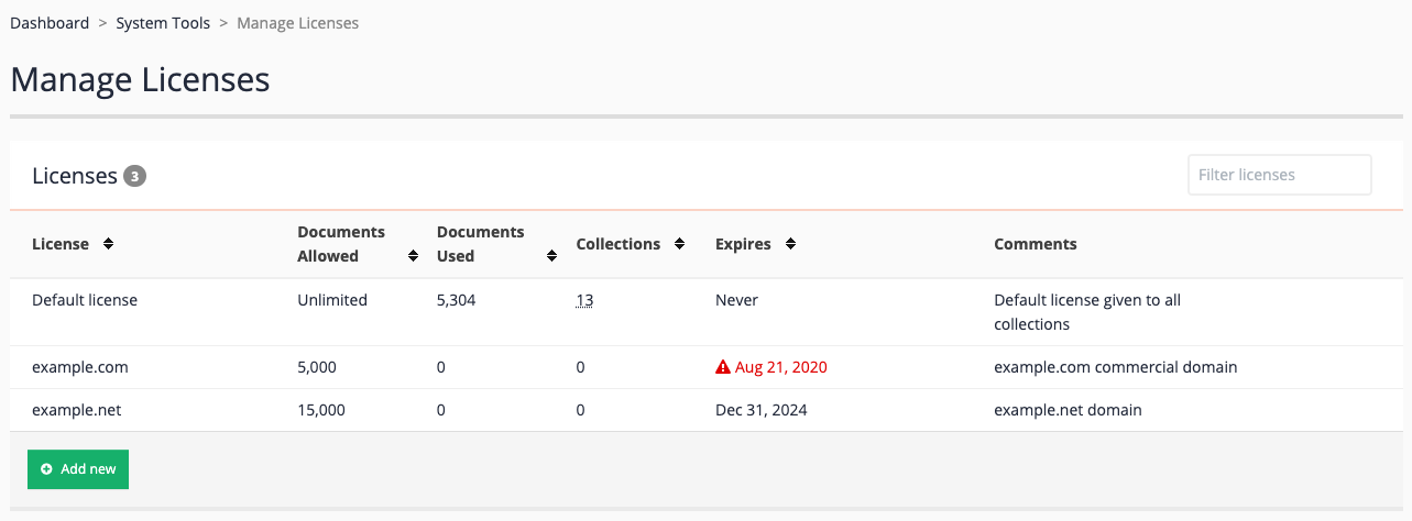 Manage licenses screen