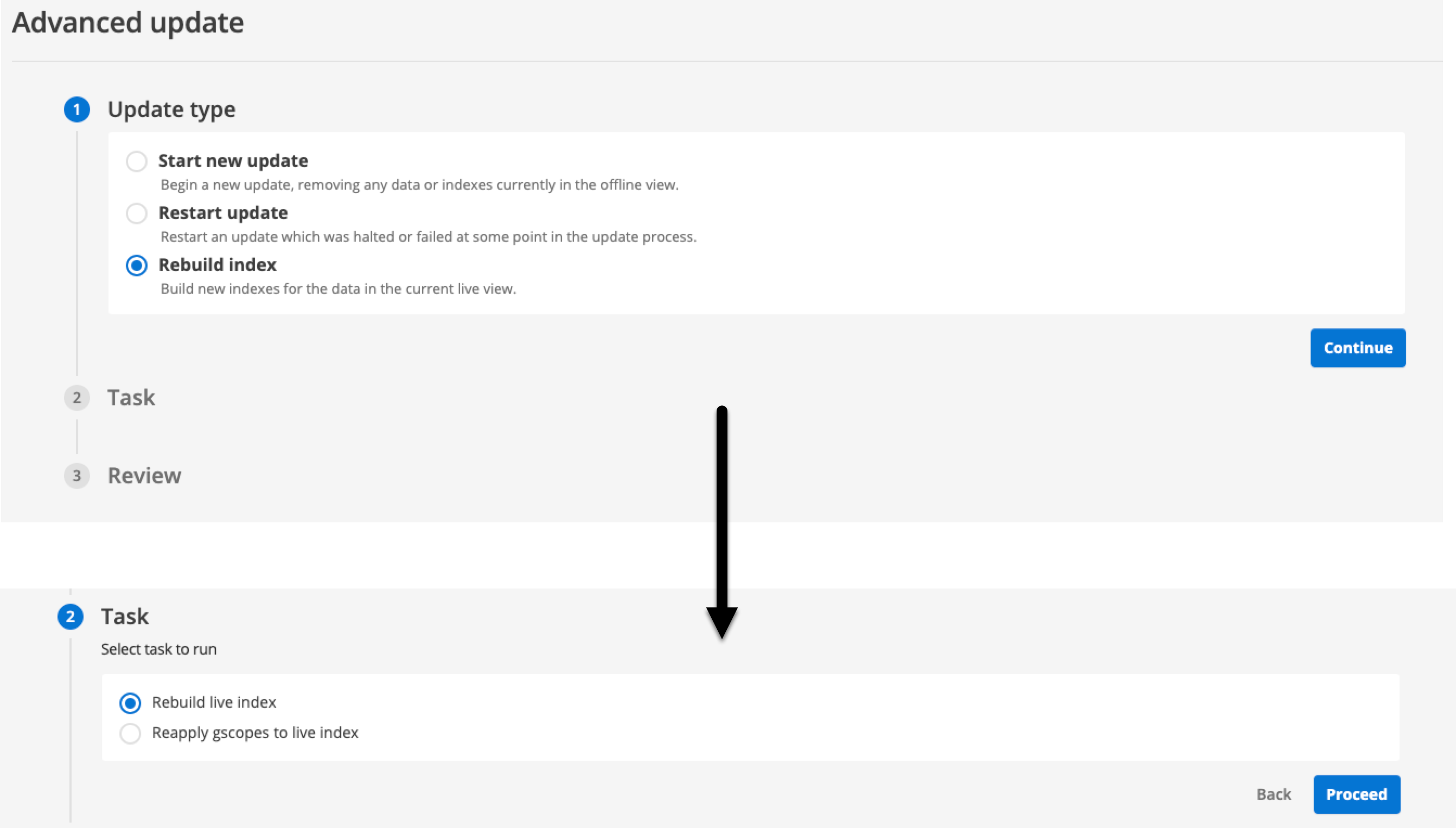 advanced update rebuild live index