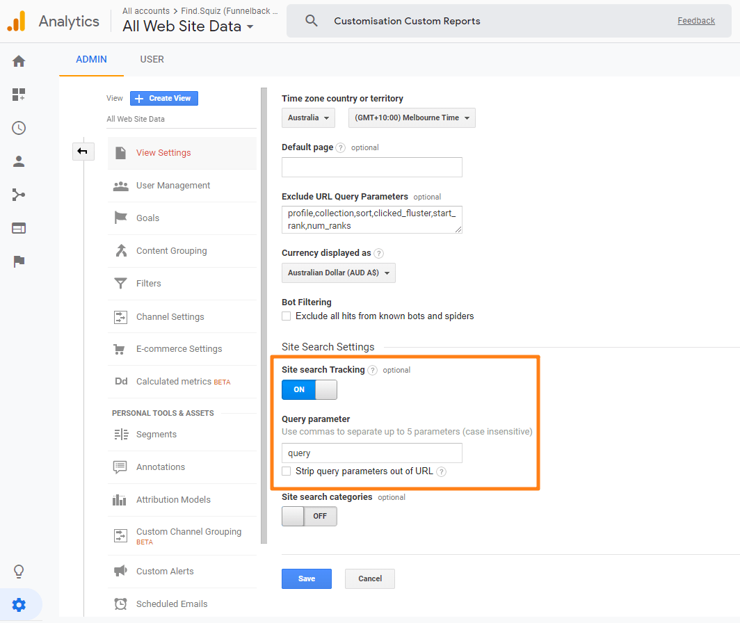 ga admin view site search tracking