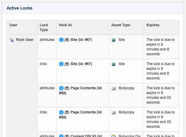 The Active Locks section of the screen