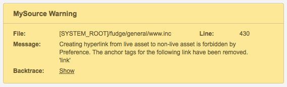 The warning message displayed when creating a link to a non-live asset