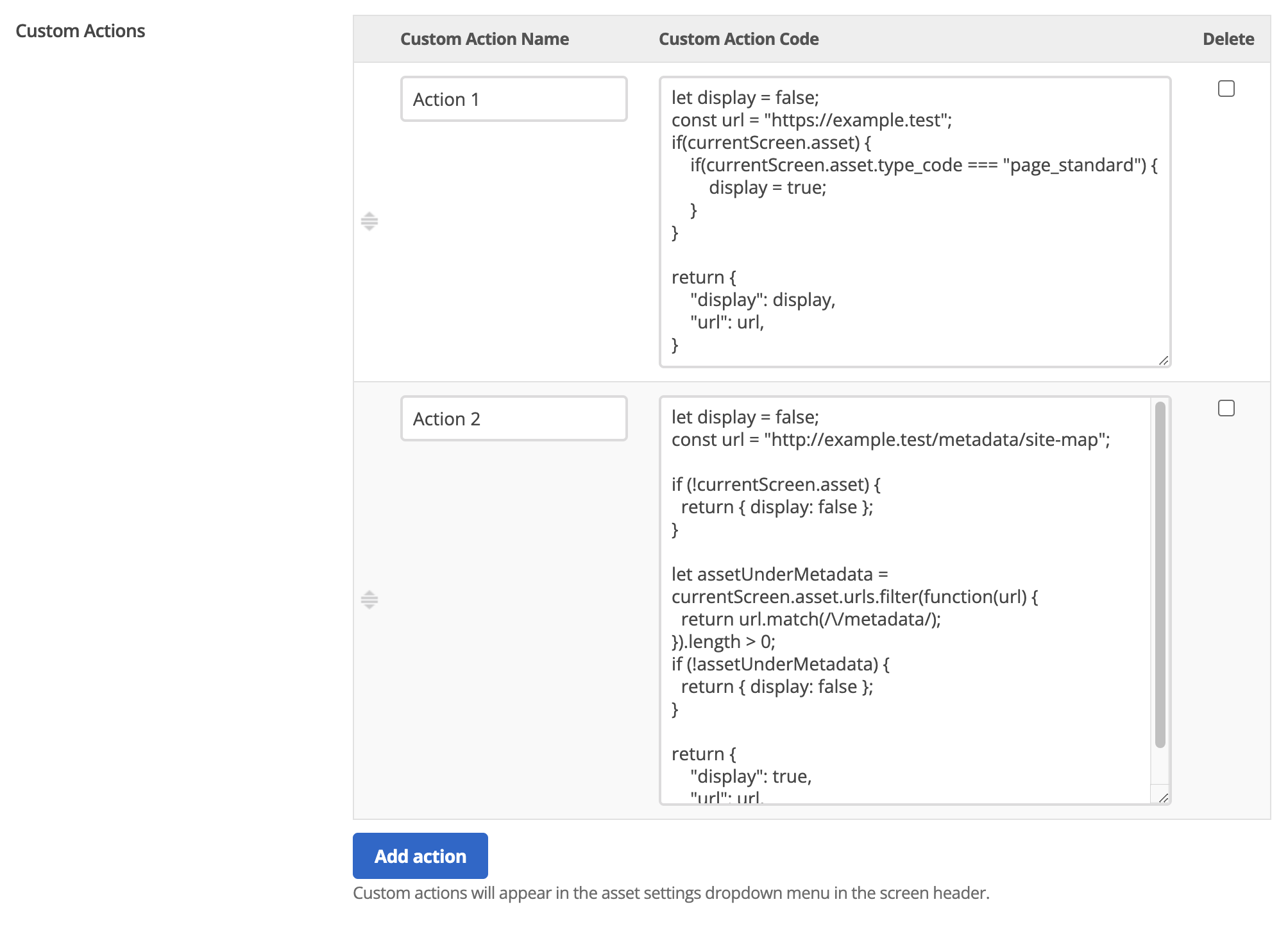 custom actions javascript