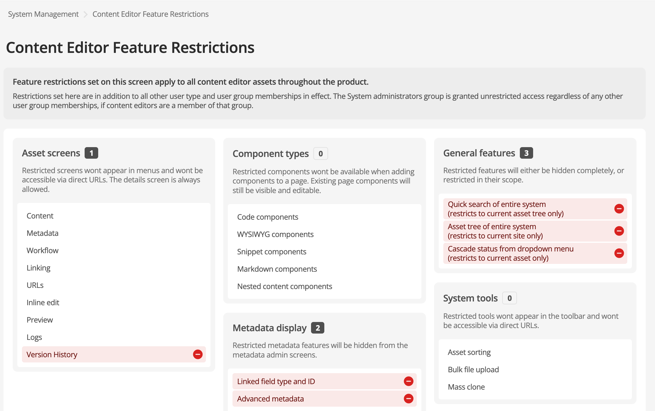 content editor feature restrictions screen