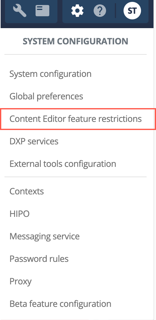Feature restrictions menu
