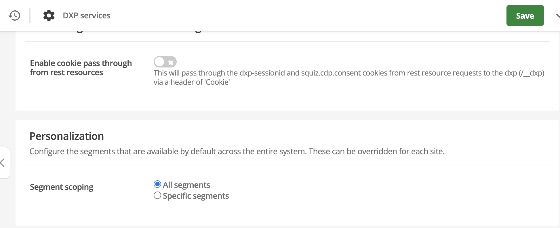 The Segment scoping option in 'DXP Services' screen.
