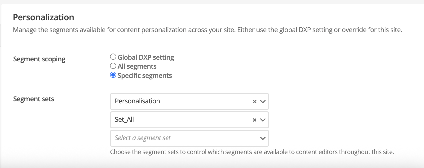 The Personalization section in the Site-level 'DXP Settings' screen.