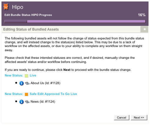 The editing status of bundled assets HIPO job pop-up