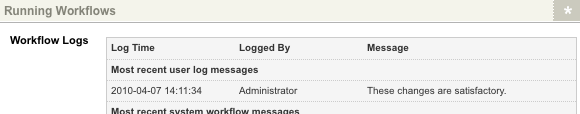 The workflow logs section displaying the log message