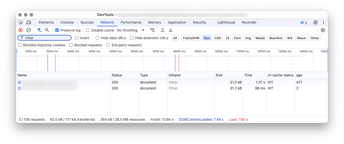 chromium web developer tools page loaded and age value reduced