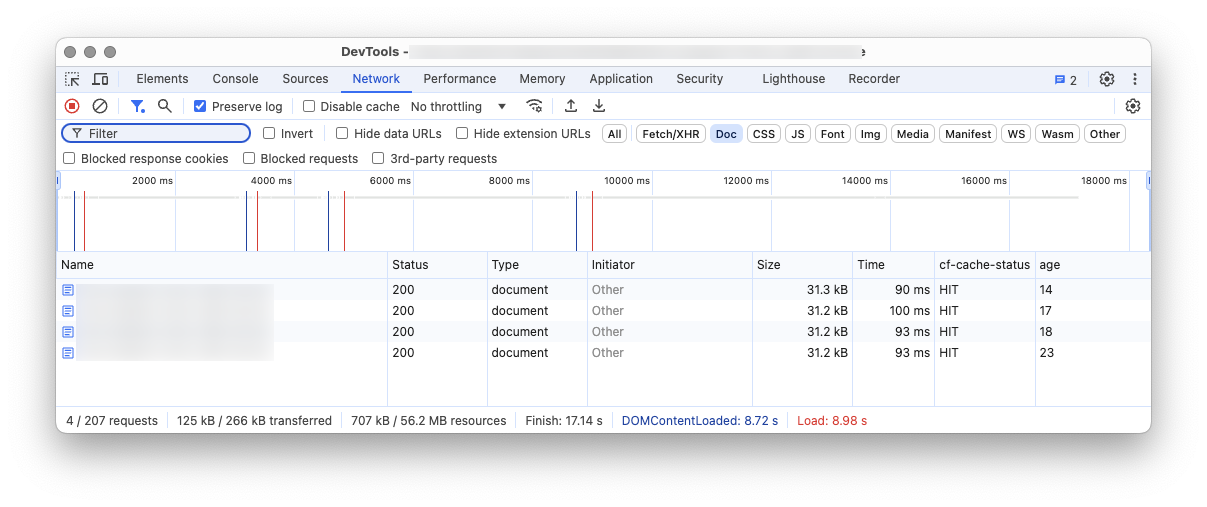 chromium web developer tools page loaded and header values returned