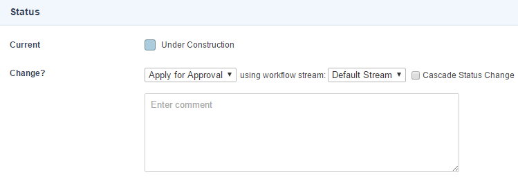 The workflow stream field in the status section of an asset’s Details screen