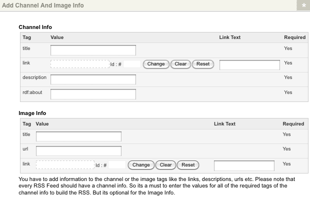 The Add channel and Image info section of the *Build RSS* screen