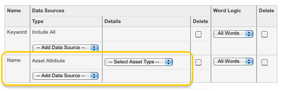 The asset attribute type in the search fields list