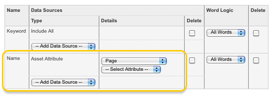The asset attribute page type in the search fields list
