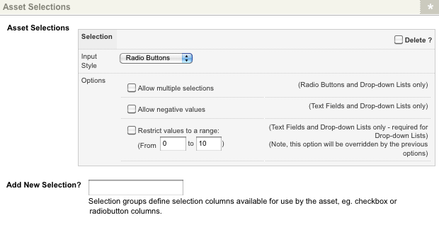 The asset selections section