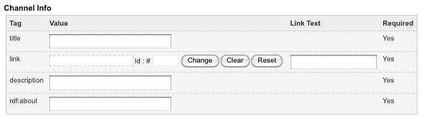 The channel info fields for an RSS 1.0 feed