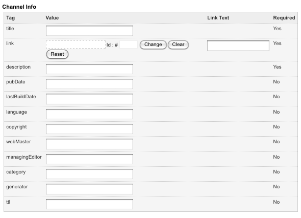 The channel info fields for an RSS 2.0 feed