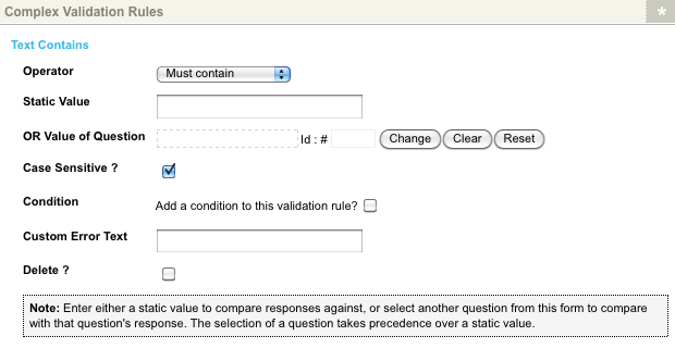 The Complex validation rules section for the Text contains rule