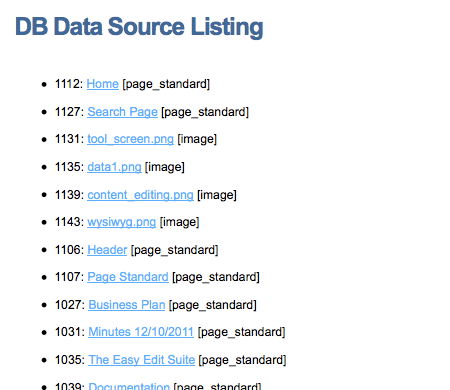 Example DB data source records listed on an asset listing