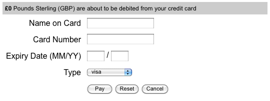 The default layout of the SagePay payment gateway