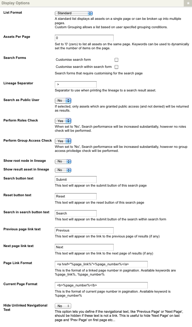 The display options section of the details screen