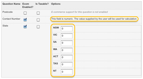 The ecommerce form fields section with e-com enabled form fields.