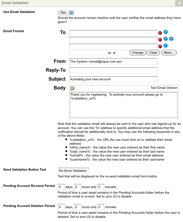 Additional fields in the email validation section