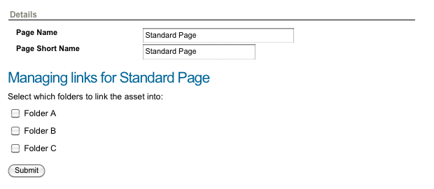 A link manager page on the simple edit interface