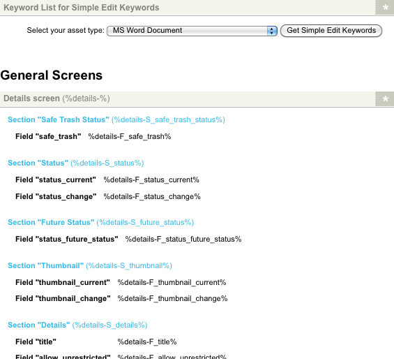 The keyword replacements pop-up displaying the MS Word document keyword list