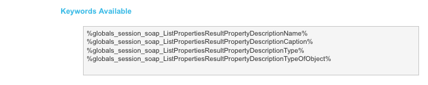 The *Keywords available* section of the make SOAP call submission action