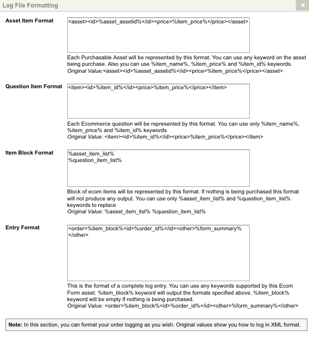 The log file formatting section of the order logging screen