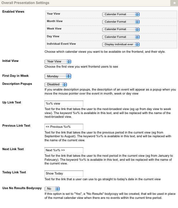 The overall presentation settings section of the details screen