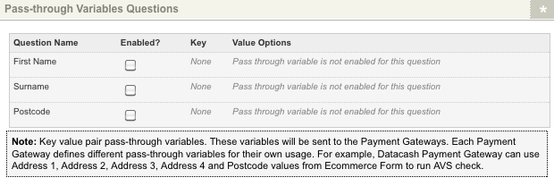 The pass-through variables form fields section of the ecommerce rules screen