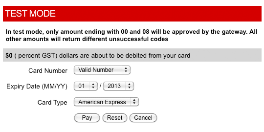 The SecurePay direct post payment gateway running in test mode.