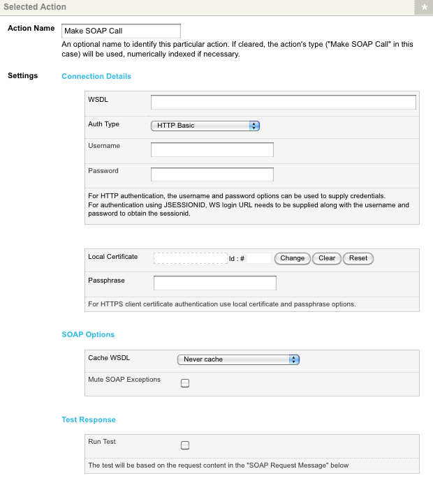 The selected action section for the Make SOAP call submission action