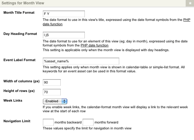 The settings for month view section of the details screen