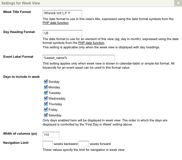 The settings for week view section of the details screen